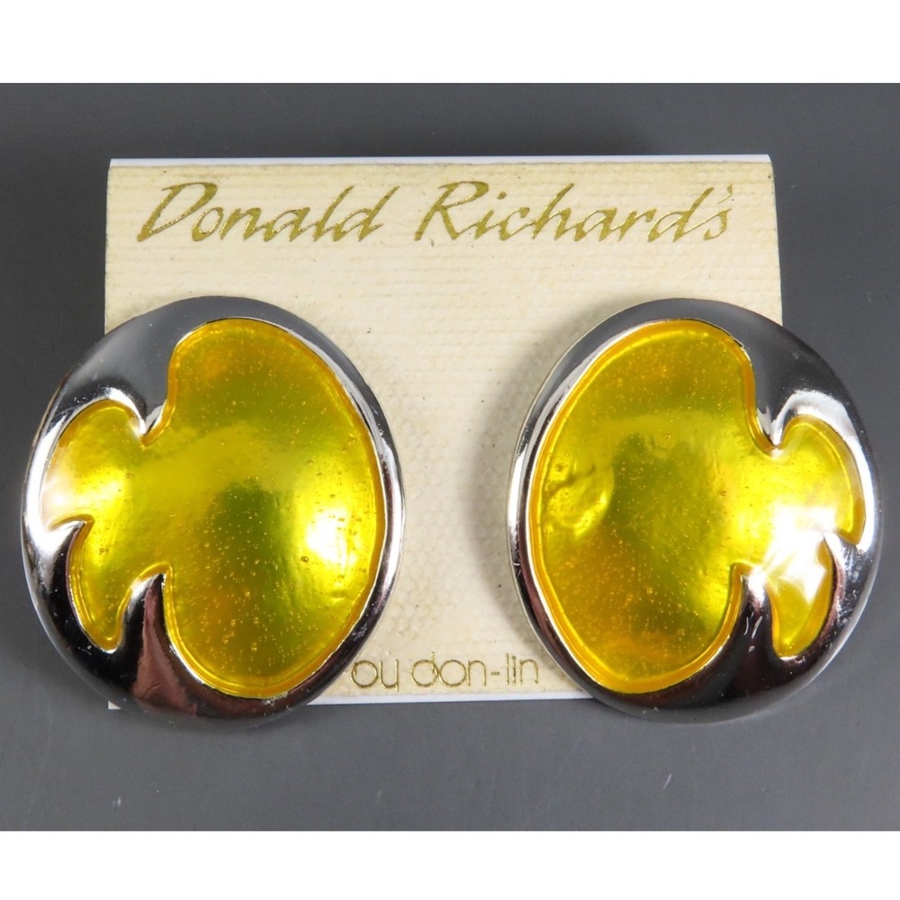VTG NOS NEW Don-Lin Earrings OVAL DOMED Silver Tone TRANSLUCENT ENAMEL YELLOW